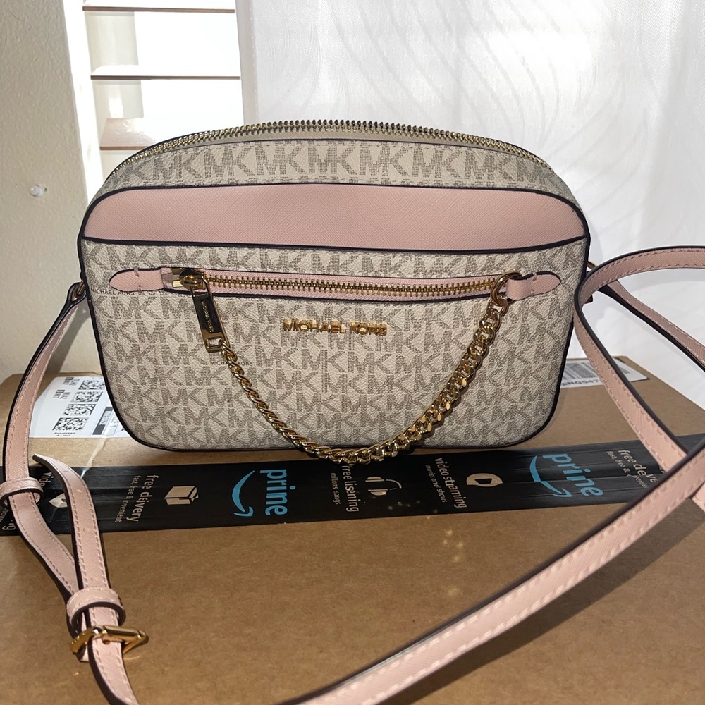 Michael Kors Pink and White Logo Crossbody Bag
